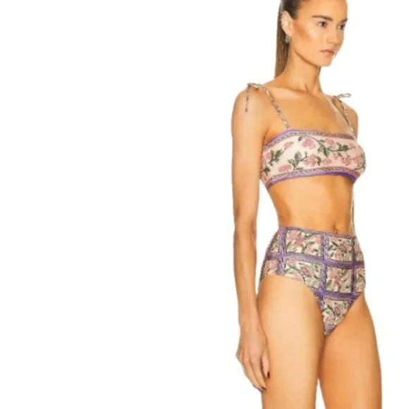 Unbranded Womens High Waist Bandeau Bikini Pink Combo Bird Floral M New - Picture 2 of 6